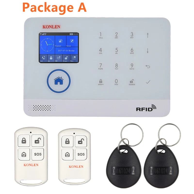 Package A KONLEN wifi GSM RFID охранная домашняя охранная сигнализация Беспроводная Android русская испанская Голосовая Солнечная Сирена датчик дыма двери - Цвет: Package A