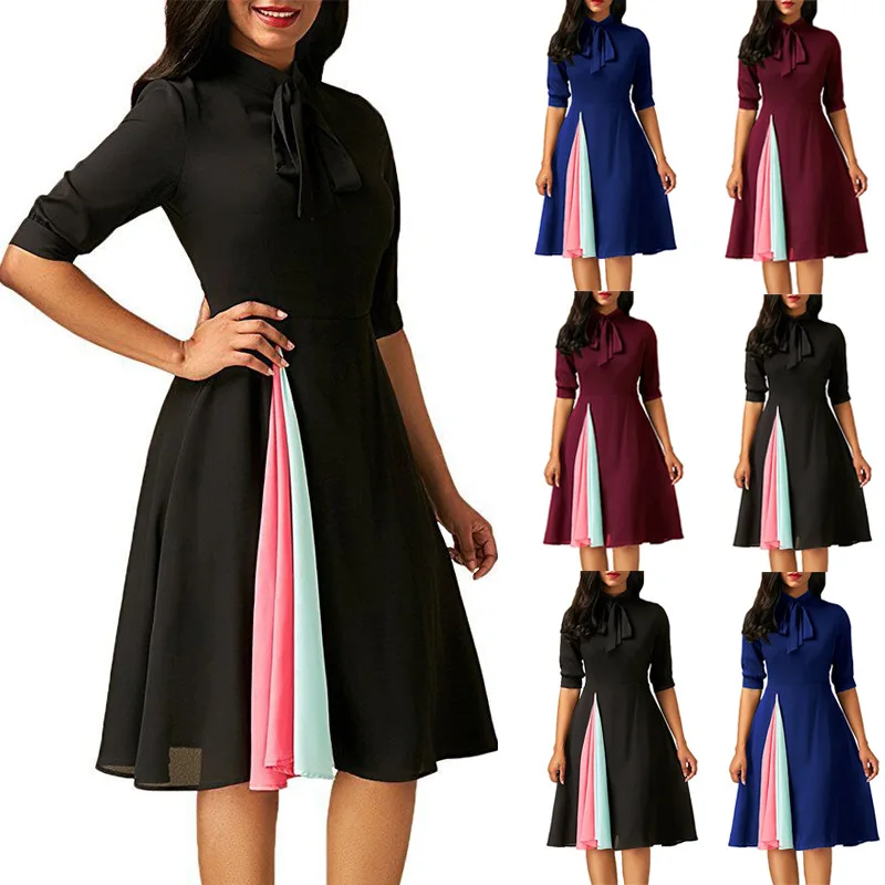 Новинка 2019 модное женское платье на шнуровке элегантное лоскутное до колена с