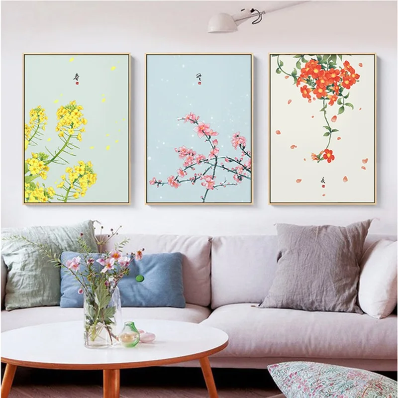 Chinese Four Seasons Beautiful Flowers Canvas Painting Modern Home Decoration Living Room Art Modular Wall Pictures No Frame | Дом и сад