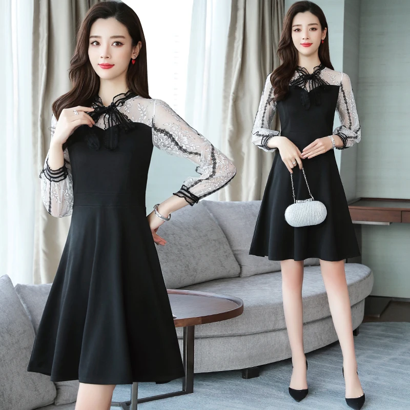 Корея 2019 Весна новая женская одежда ажурный бант черный сшитый цветочный узор