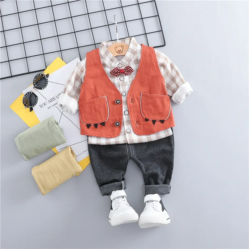 WENWENDEXINGFU Spring Todder Children Clothing Sets Baby Boys Clothes Suits Vest Plaid Shirt Pants Infant Kids Casual Costume |