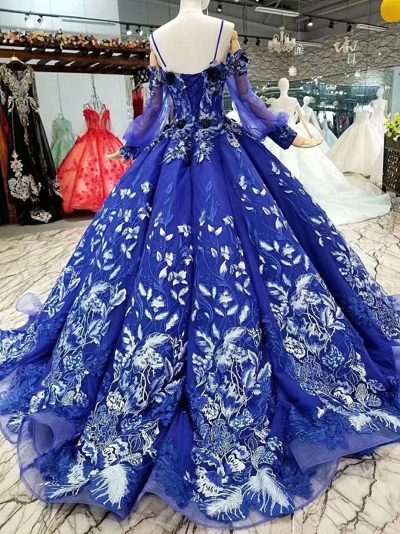 AOLANES 2018 New Blue Lace Appliques Court Train Evening Dresses Ball Gown Long SLeeves Floor-length Illusion Party Prom Dress | Свадьбы и