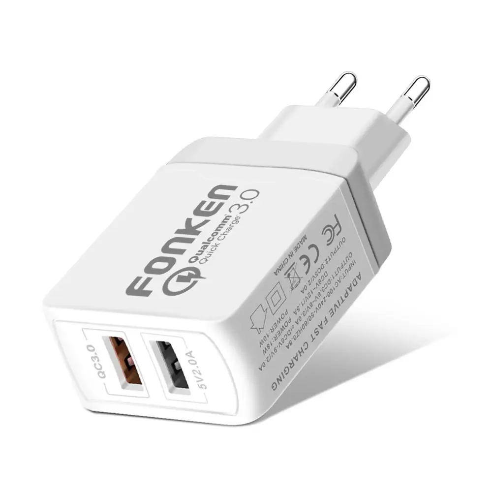2 Port White Charger FONKEN Dual USB зарядное устройство 28 Вт Быстрая зарядка 3,0 QC3.0 быстрое зарядное устройство для телефона 2 порта Портативный настенный адаптер для Android мобильного планшета - Тип штекера: 2 Port White Charger