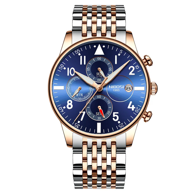 Rose gold blue s Rologios Masculinos NIBOSI мужские часы Топ люксовый бренд Мужские стальной браслет Кварцевые часы аналоговые наручные часы водонепроницаемые Saat - Цвет: Rose gold blue s