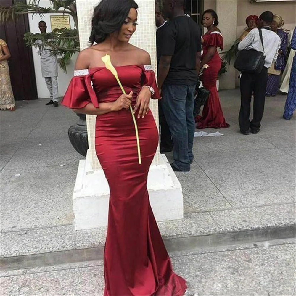 

2019 African Bridesmaid Dresses Boat Neck Off The Shoulder Satin Mermaid Wedding Guest Gowns Custom Made Women Party Dress Cheap