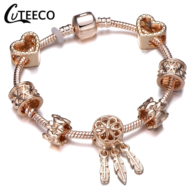 CUTEECO новые цвета розового золота с сердечками бусины браслет для женщин витые болтающиеся подходят Брендовые женские браслеты ювелирные изделия