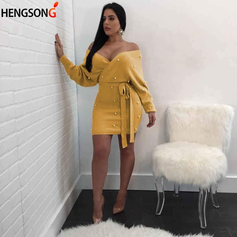 yellow Осеннее сексуальное платье без бретелек с длинным рукавом, жемчужное платье с бисером, мини однотонное облегающее платье с поясом, одежда для вечеринок, женские платья с поясом - Цвет: yellow