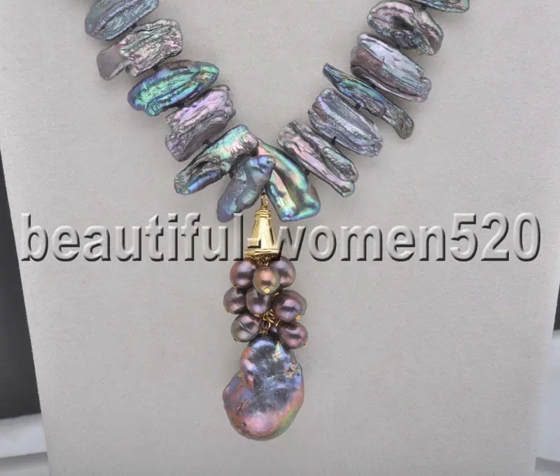 

Z7970 18mm Black Dens Biwa Pearl keshi pearl Necklace Pendant 17inch