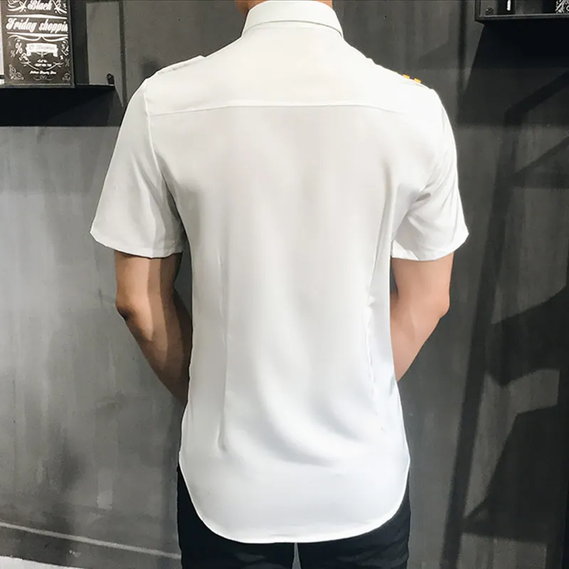 Camisa Social Manga Curta Air Force Pilots Uniform Shirt Men Black White Slim Fit Social Workwear Short Sleeve Dress Shirt Men