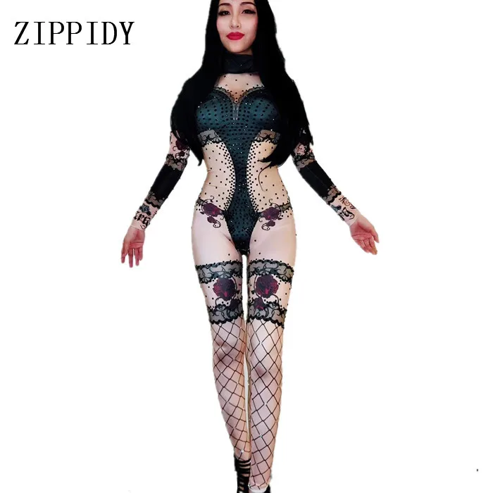 

Black Rose Flower Nude Stretch Jumpsuit Sexy Nightclub Dance Wear Rhinestone Bodysuit Leggings Outfit Performance Clothing