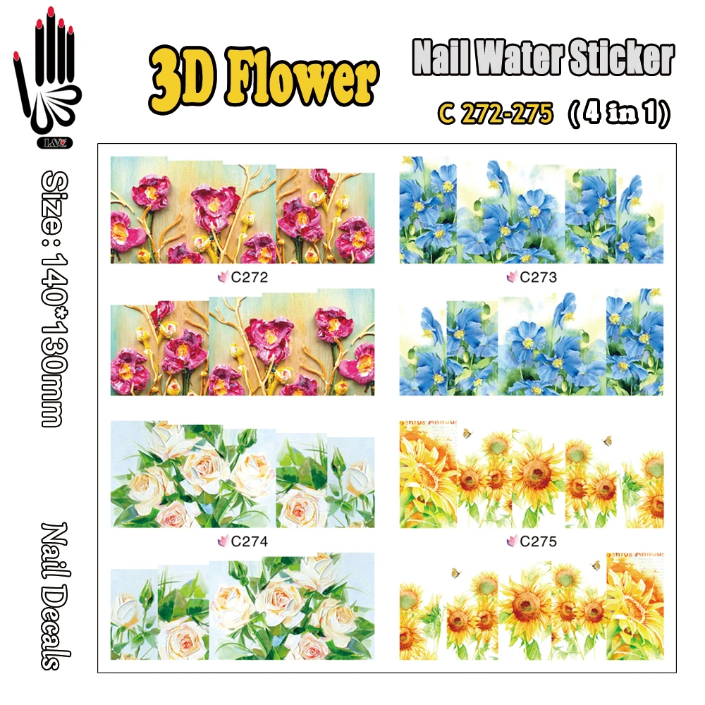 4 листа/уп дизайн ногтей C272 275 3D цветов Nail Art Передача воды Стикеры наклейка для