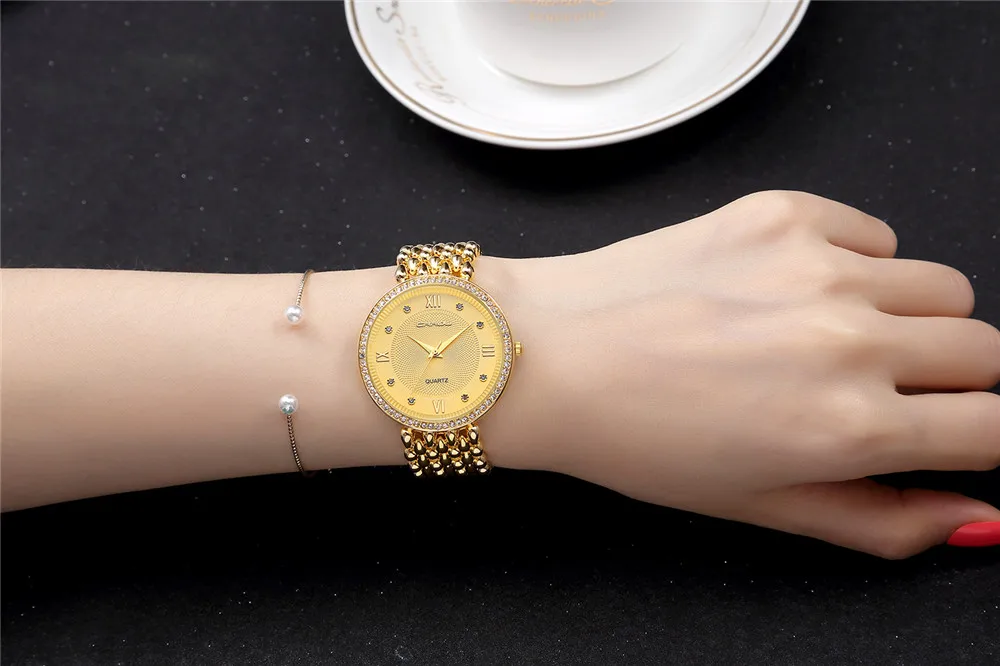 Часы CRRJU женские золотистые со стразами брендовые модные наручные Роскошные с