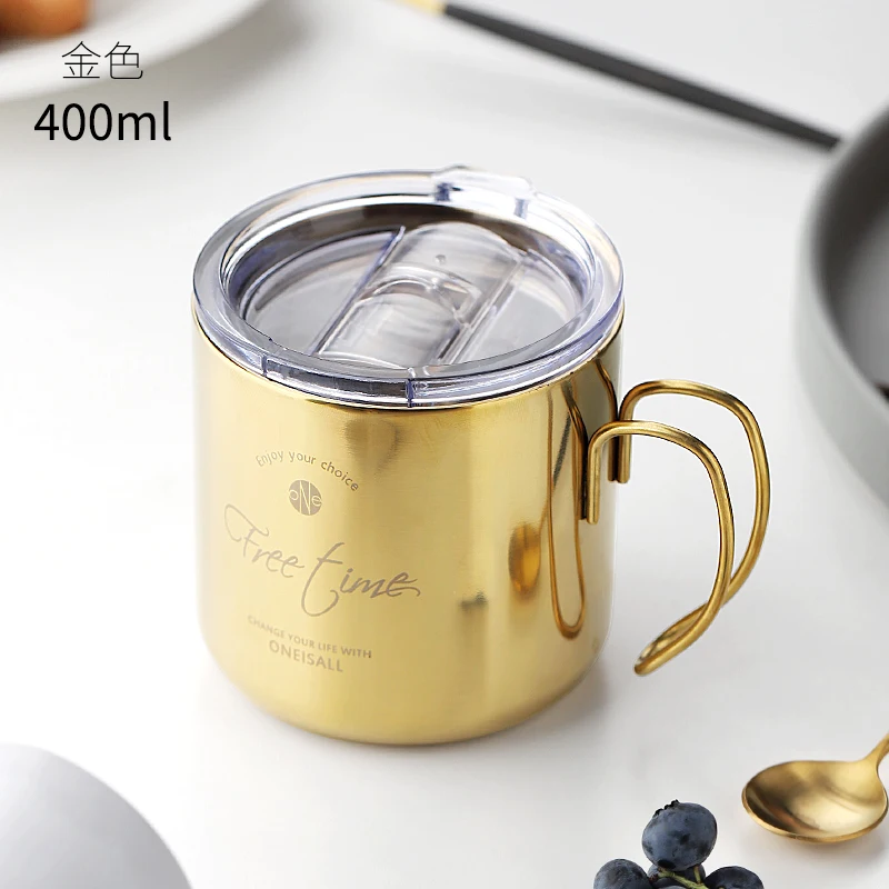 Gold 400 мл Кофейная кружка для чая кружка молочная чашка с крышкой кружки для детей рукоятки кофейные чашки из нержавеющей стали чашки черный медный забавные кружки - Цвет: Gold