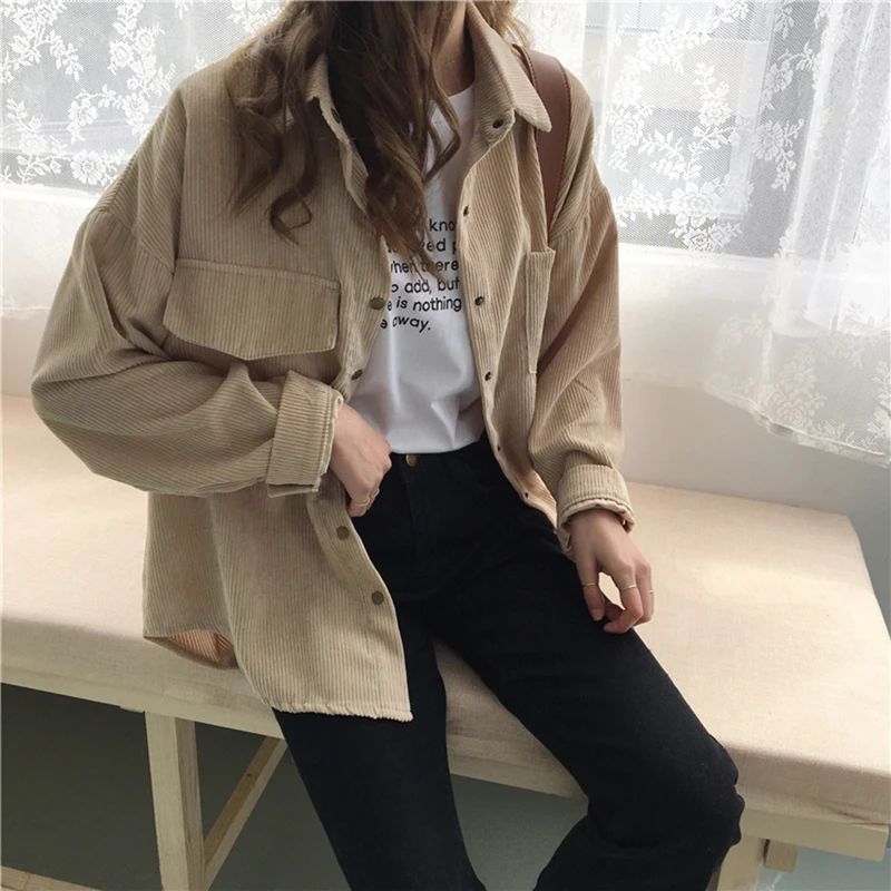 

2 colors 2018 spring and autumn Loose Shirts Korean Solid Blouse Long Sleeve Corduroy blouses Women Tops outwear coats