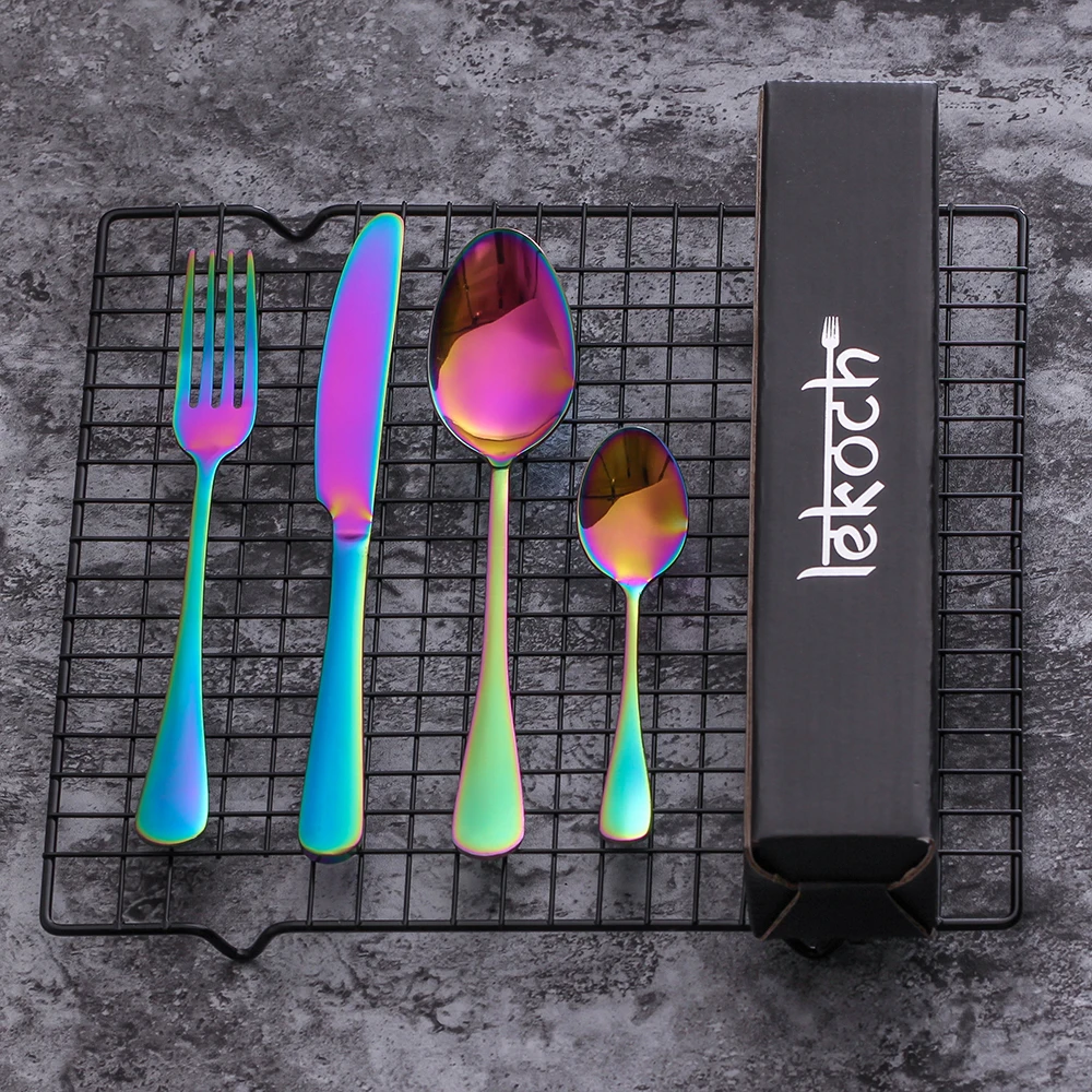 Multi-Colors Cutlery Mirror Polishing Stainless Steel Dinnerware Fork Scoops Set Dessert Portuguese Style Solid Tableware посуда нож ножи столовые приборы набор посуды kitchen dining bar