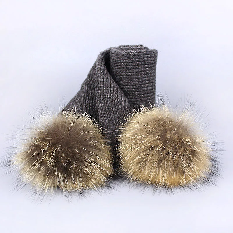 Scarf Dark Gray Женский комплект с шапкой и шарфом для девочек, шерстяной вязаный детский зимний шапочки с шарфами, Детский костюм для мальчиков, настоящий помпон из меха енота - Цвет: Scarf Dark Gray