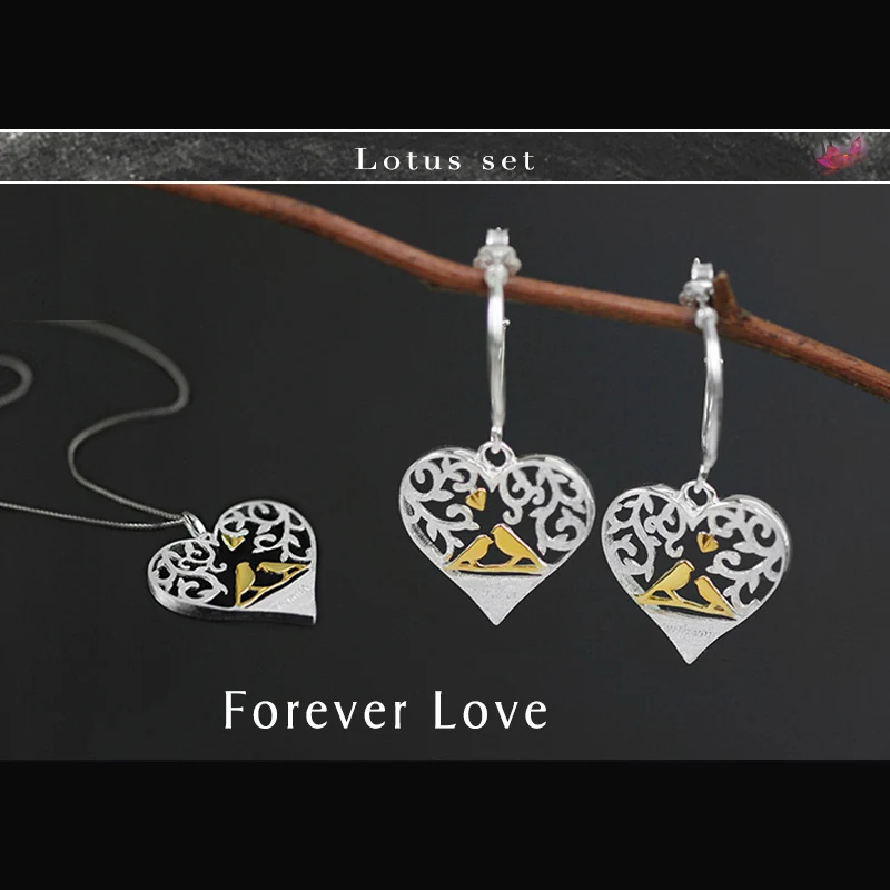 Earring and Pendant Lotus Fun реальные 925 серебро творческий ручной Ювелирные украшения лес птица в сердце любовь Форма комплект ювелирных изделий - Цвет камня: Earring and Pendant