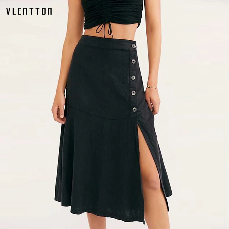 2019 Summer Sexy Split Women's Skirt Fashion Solid Button Yellow White Black High waist A-Line Midi Skirts Jupe Femme Saia | Женская