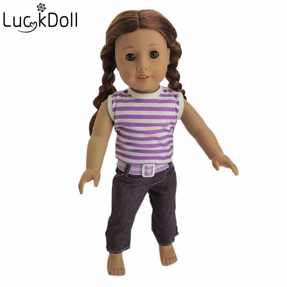 LUCKDOLL Горячая Кукла одежда футболка + джинсы ремень подходит 18-дюймовые куклы
