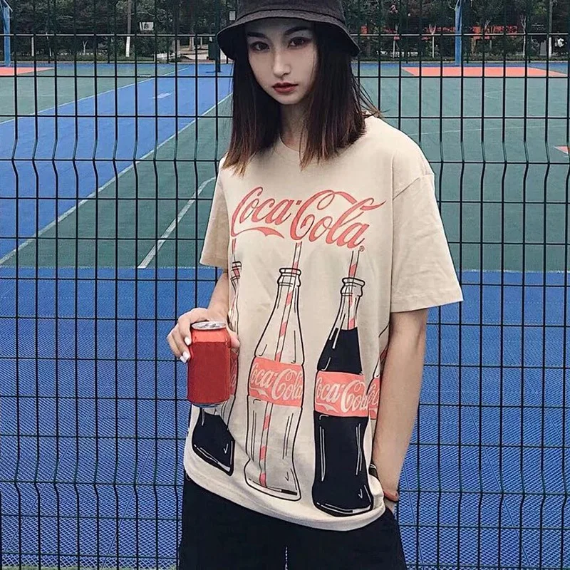 Women's Round casual summer tee shirt fashion tshirt hot sales girls cool Neck Cartoon Coke Print Short Sleeve Long T-Shirt