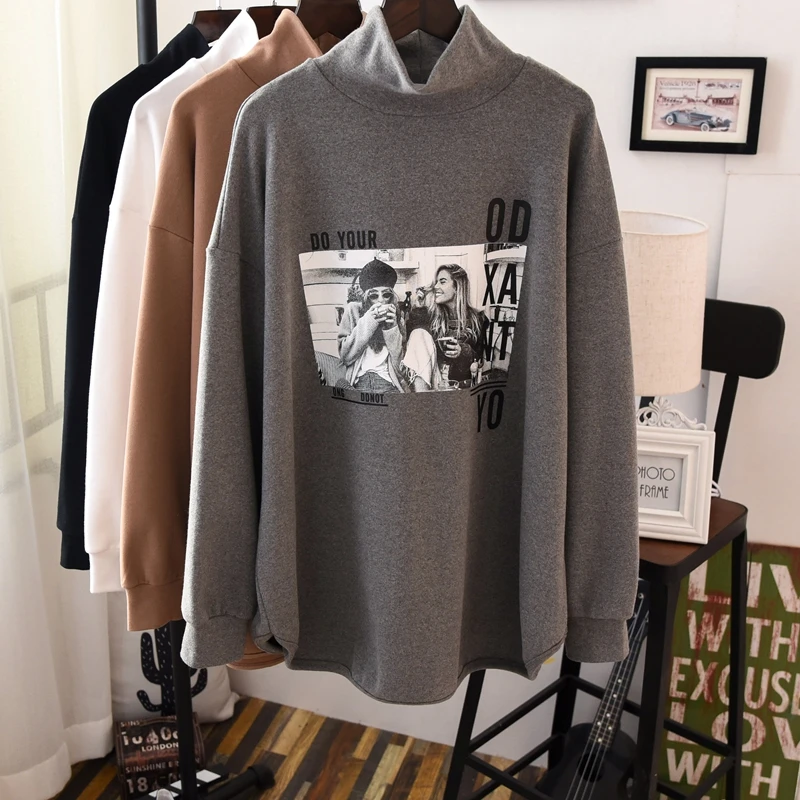 Футболка женская хлопковая в стиле оверсайз толстый пуловер с длинным рукавом и