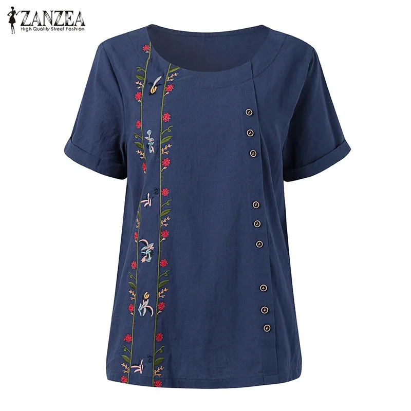 Женская блузка с вышивкой, ZANZEA, элегантная льняная туника, женская футболка с круглым вырезом, летняя блуза с коротким рукавом, женские топы большого размера
