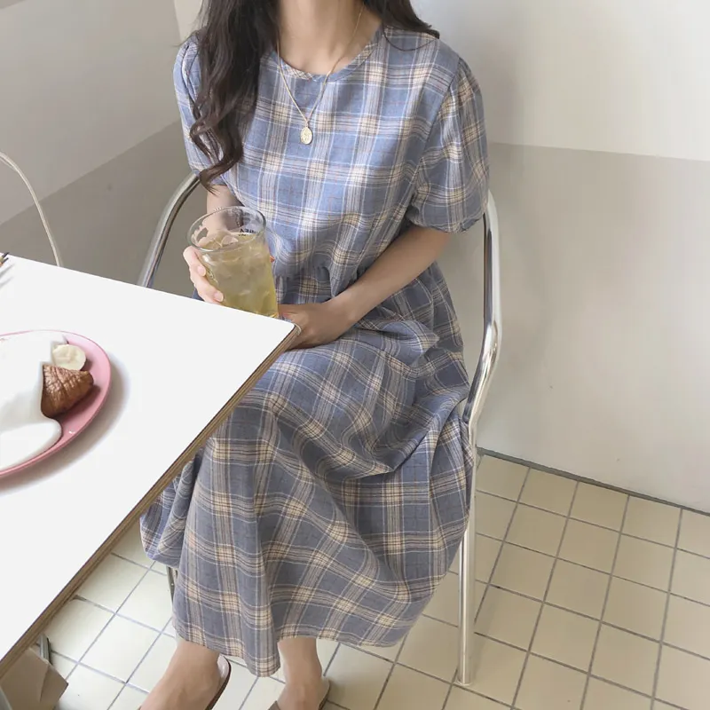 Women Summer Long Plaid Straight Dress Vestidos High Waist Blue Casual Maxi Robe Femme Loose Sukienki Sommerkleid Jurken