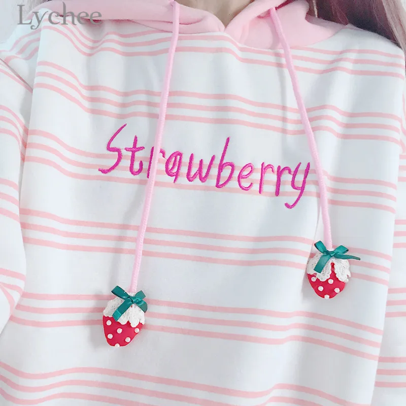 Lychee Сладкий Клубника вышивка в полоску толстовка с капюшоном осень зима флис с длинным рукавом повседневные свободные толстовки пуловеры