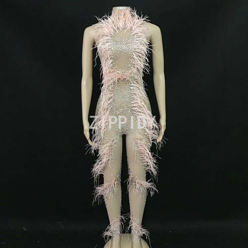 Fashion Multicolor Stones Pink Feather See Through Jumpsuit Birthday Celebrate Outfit Women Singer Dancer Fashion Mesh