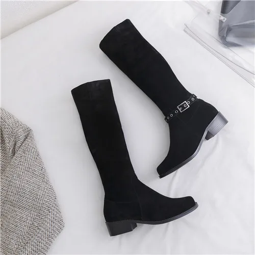 black 4.5cm heel Большие размеры 33-43, женские сапоги до колена из натуральной замши Зимние теплые плюшевые высокие сапоги на плоской подошве рыцарские сапоги высокого качества - Цвет: black 4.5cm heel