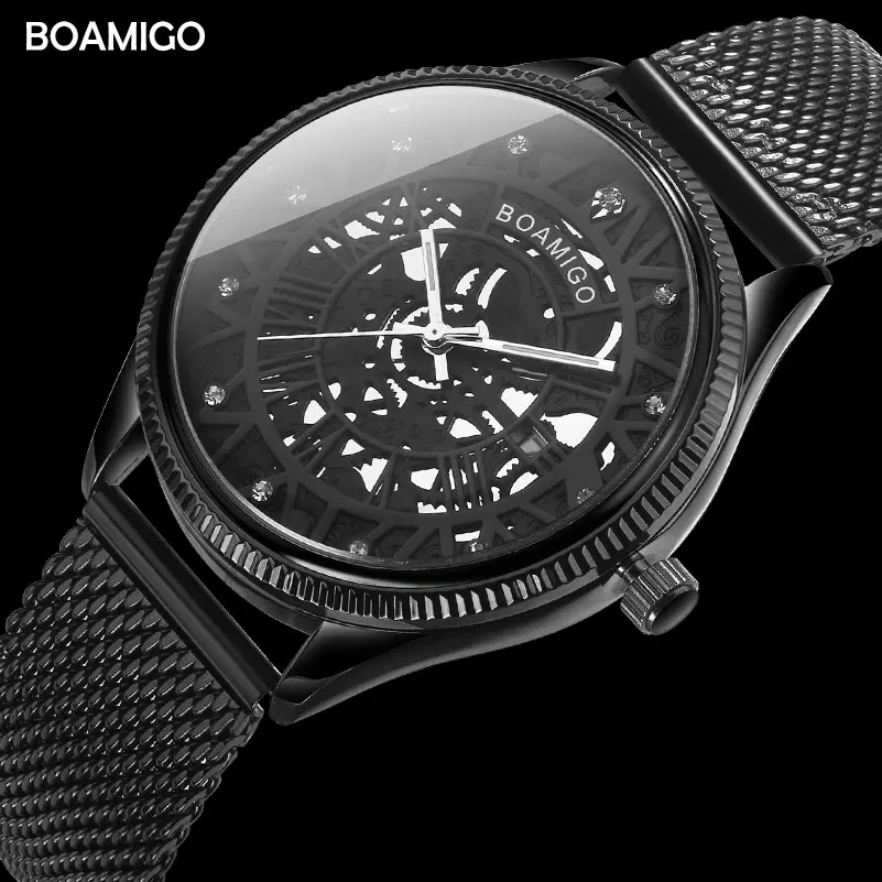 

BOAMIGO brand men quartz watch fashion skeleton male black Milane mesh steel band auto date wristwatches clock relogio masculino