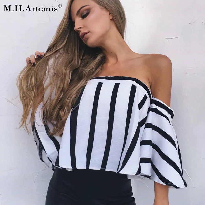 M.H.Artemis Stripe off shoulder White blouse women Summer flare sleeve Elegant beach party blusas 2017 boho chic top |