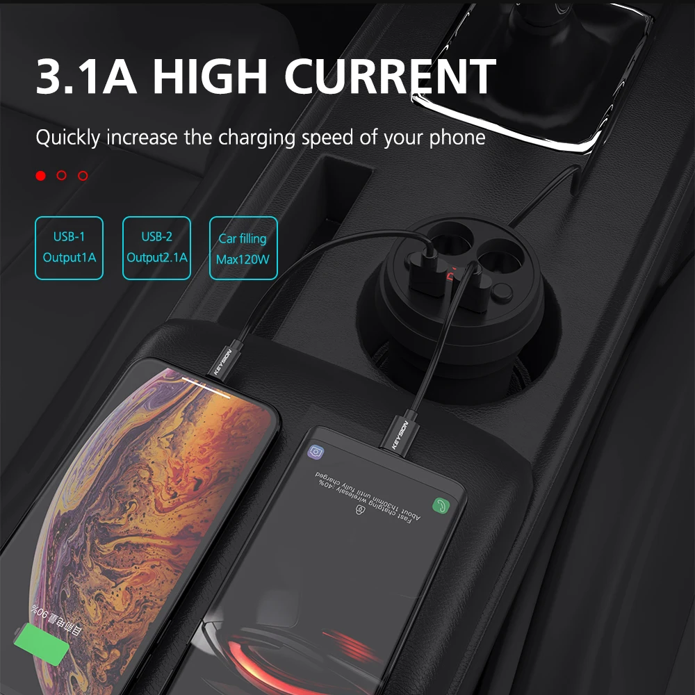 Автомобильное зарядное устройство KEYSION 3 1 а/120 Вт двойной USB светодиодный дисплей