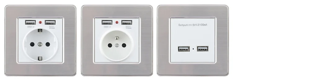 С двойным портом USB Порты и разъёмы 5V 2.1A стены Зарядное устройство адаптер EU Франция Стандартный светодиодный индикатор 16A гнездо Мощность из магазина производителя, из нержавеющей стали Панель