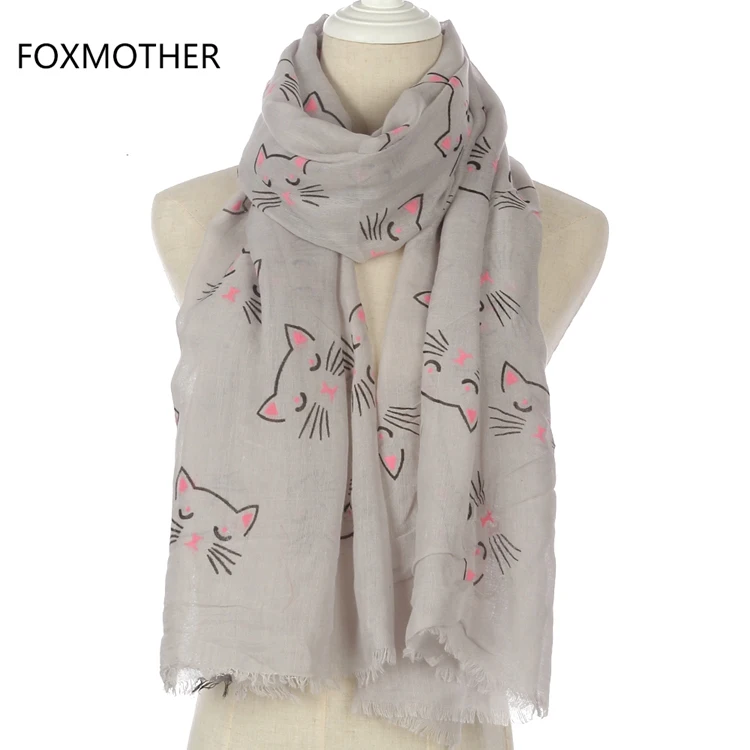 Серый FOXMOTHER новая милая Мода дамы Черный Серый Бежевый Кот Печать длинный шарф для женщин - Цвет: Серый
