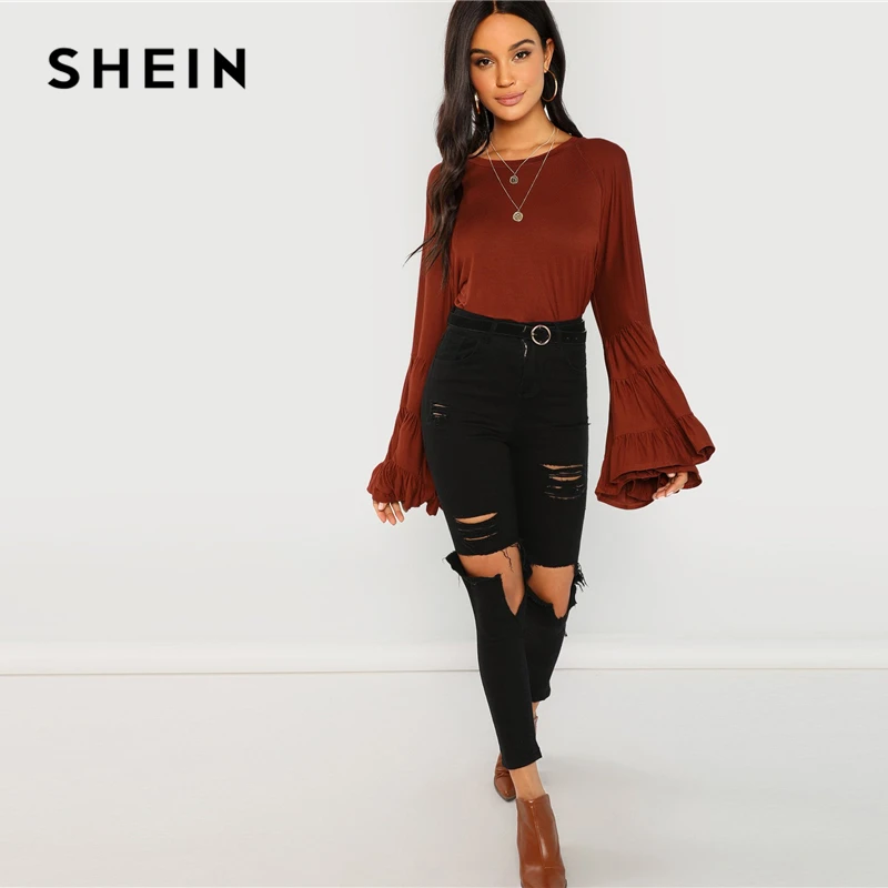SHEIN, ржавчина, рабочая одежда, элегантная, Многоуровневая, с воланом, с рукавом колокол, с рюшами, с длинным рукавом, однотонная блузка, осень, минималистичные Женские топы и блузки