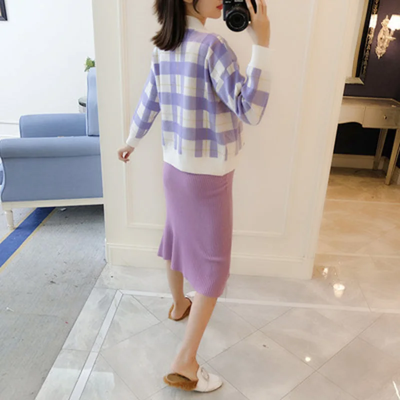 2 шт./компл. клетчатый кардиган для беременных + тонкое трикотажное платье на