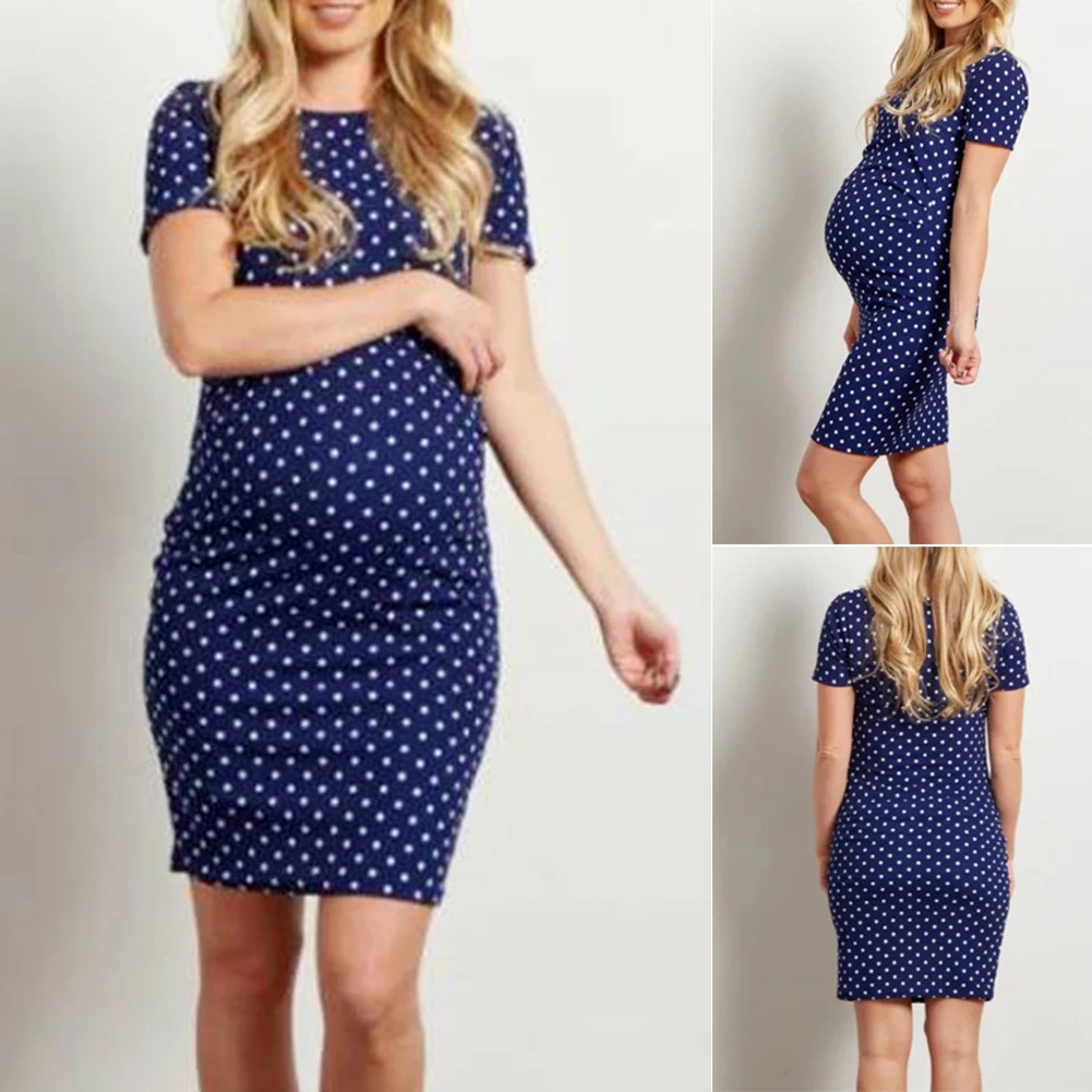 Удобное облегающее платье в горошек для женщин Хлопковое беременных с коротким