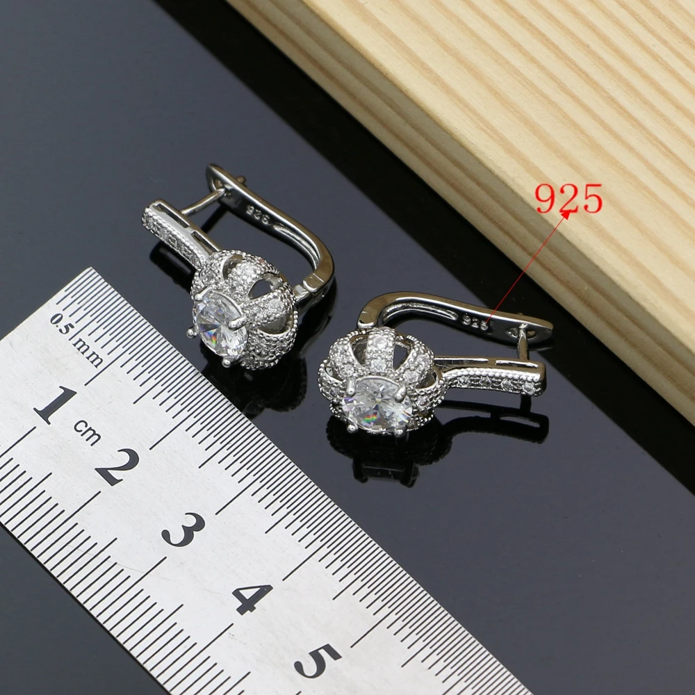 Белый CZ 925 Серебряный свадебный ювелирный набор для женщин, обручальные серьги, кольца, дропшиппинг ожерелий, набор