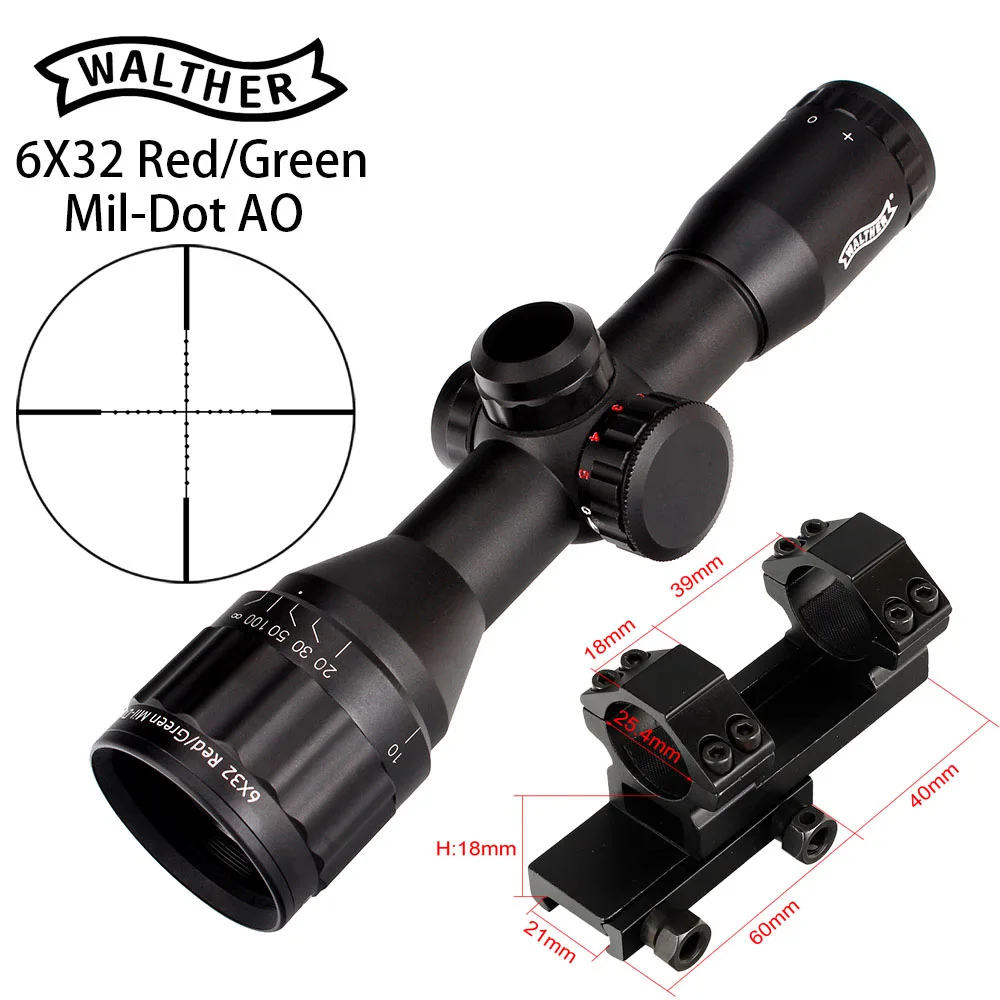 with picatinny rings WALTHER 6x32 AO Mini Mil-Dot двухцветная светящаяся сетка тактический прицел для винтовки для охоты оптический прицел - Цвет: with picatinny rings