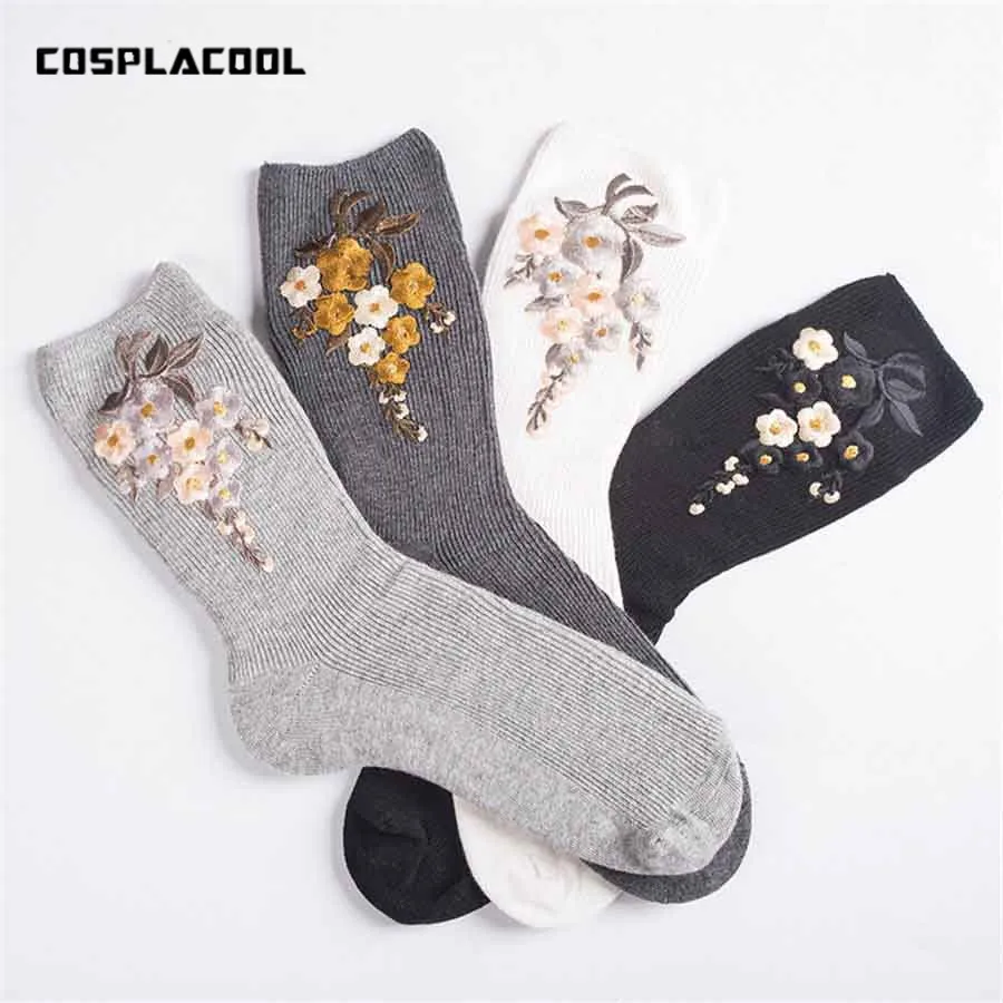 Носки женские теплые однотонные с вышивкой и цветами сливы|woman funny socks|novelty socksfunny