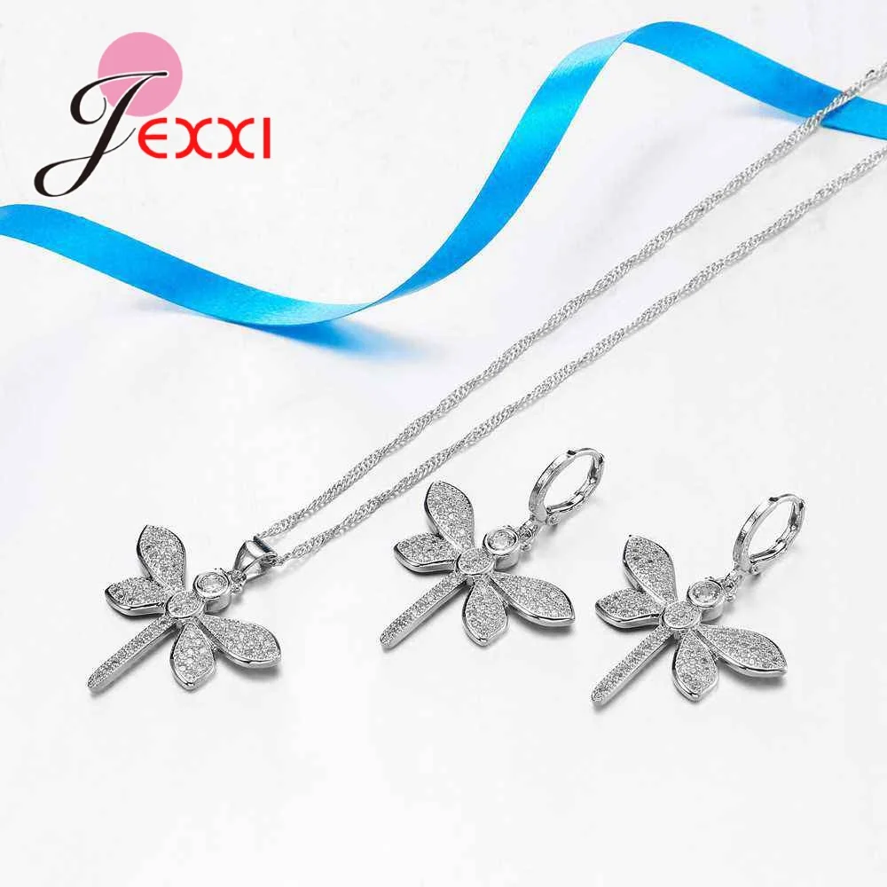 

High Quality Women Necklaces Earring Set Fashion 925 Sterling Silver CZ Zircon Dragonfly Wedding Engagement Jewelry Set