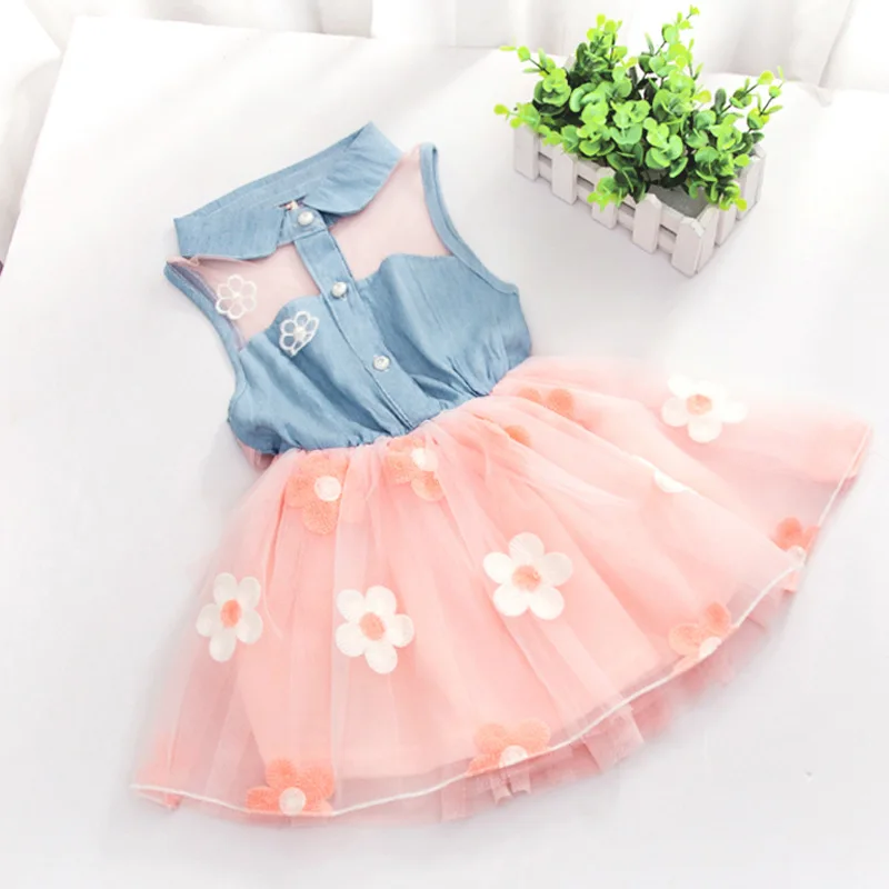 Girls Dresses Cute Kids Girl Denim Sleeveless Tops Tulle Tutu Dress Summer Baby Party For 2-7Y | Детская одежда и обувь