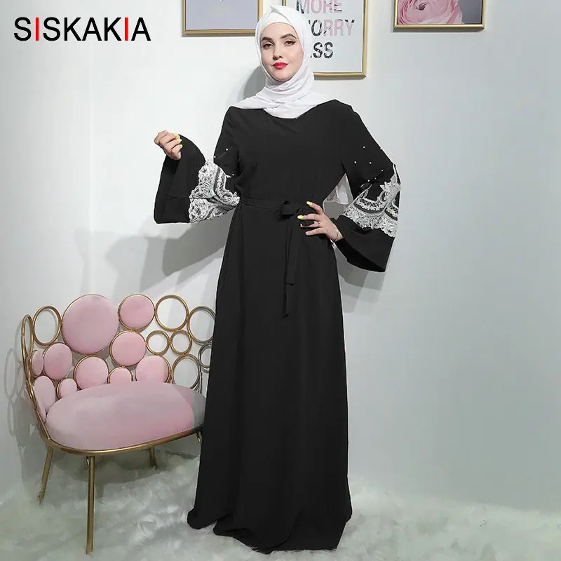 Siskakia элегантное мусульманское длинное платье модные кружевные лоскутные бусы с