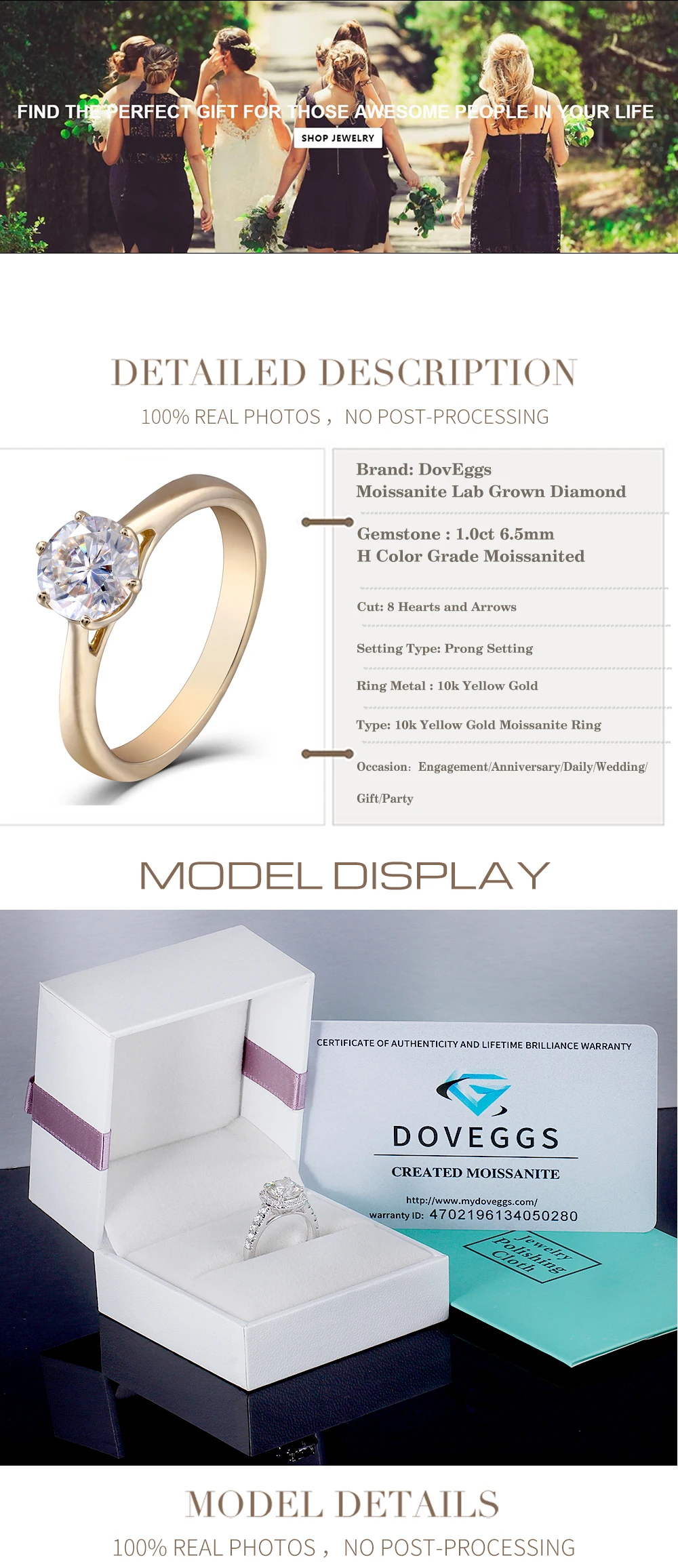 DovEggs 10K Yellow Gold 1.0ct Carat FGH Color Lab Created Moissanite Diamond Engagement Rings For Women Solitaire Ring