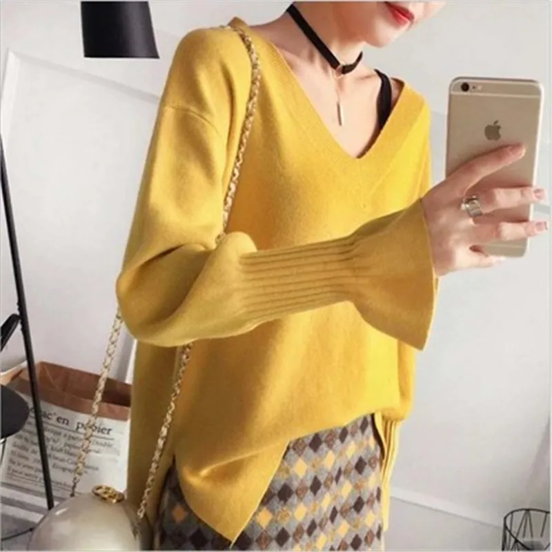 v neck yellow Женский Повседневный свободный свитер с разрезом, милый галстук-бабочка, короткий пуловер с расклешенными рукавами, студенческий женский осенне-зимний топ Sueter XH1050 - Цвет: v neck yellow
