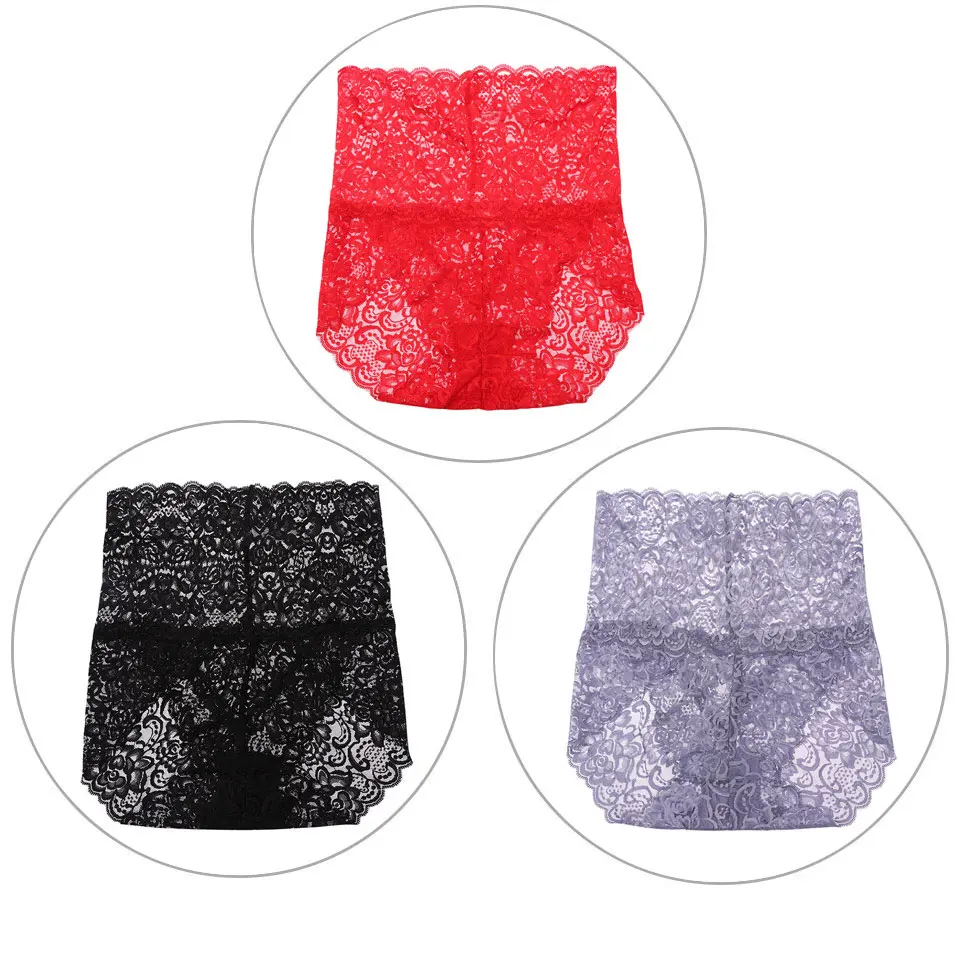 Red Black Violet 3 шт./лот, женские трусики, кружевное нижнее белье, высокая талия, сексуальные бесшовные трусы, женские, XXXL, нижнее белье больших размеров, полностью кружевное, дышащее, новинка - Цвет: Red Black Violet