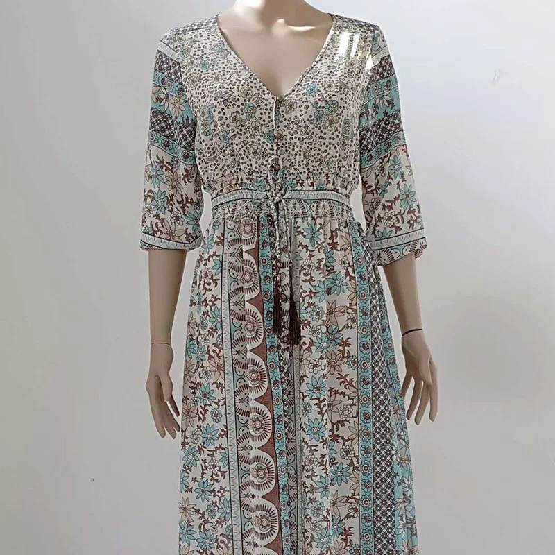 Chiffon Deep V-Neck Long Sleeve Print Patchwork Dress Elastic Waist Tassel Belt Spring Fall Boho Bohemian | Женская одежда