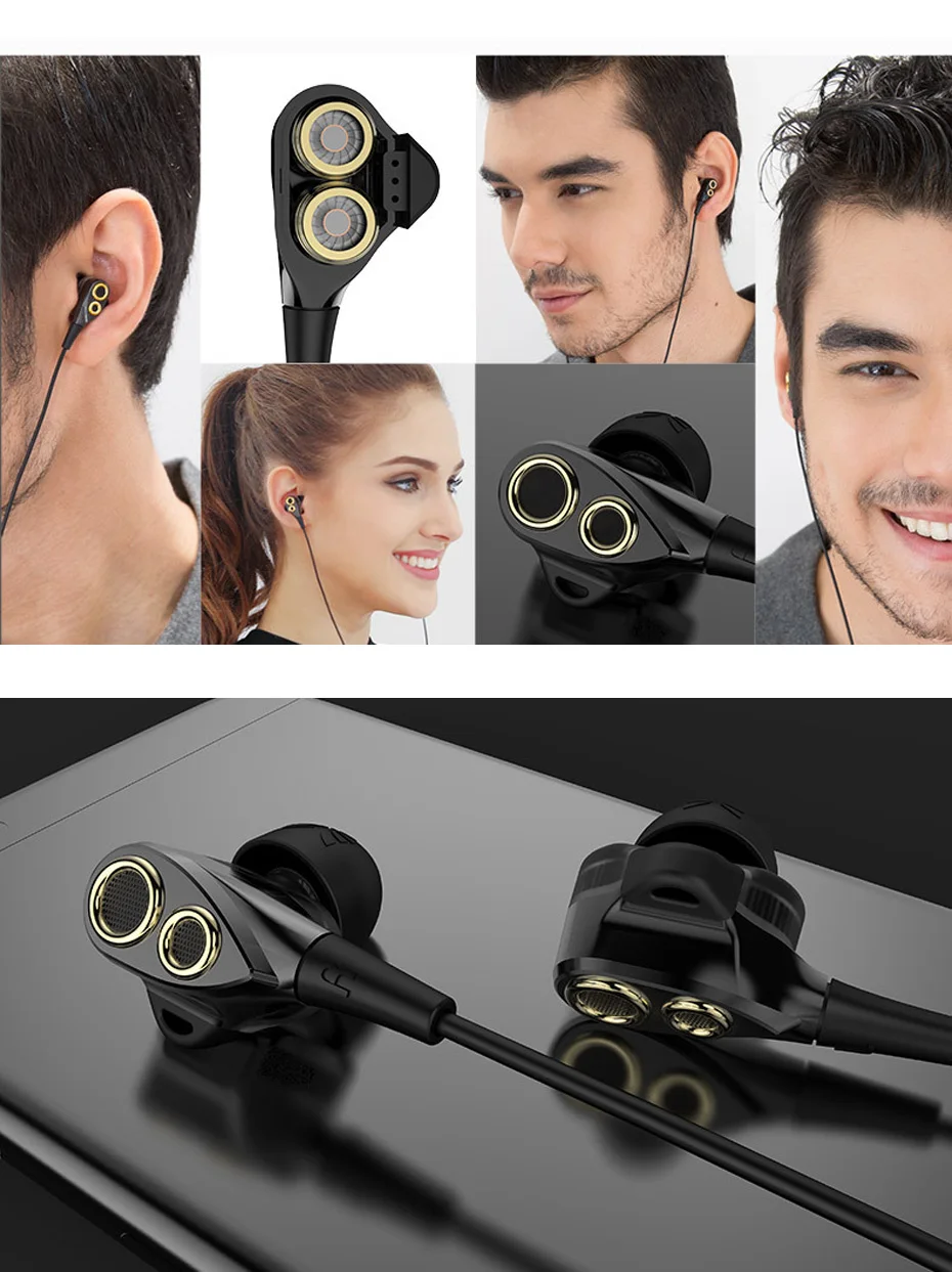 RUKZ DT6, двойной динамический динамик, HiFi наушники с микрофоном для смартфона, стерео наушники-вкладыши, Hi-Fi гарнитура, бас, XIAOMI, наушники
