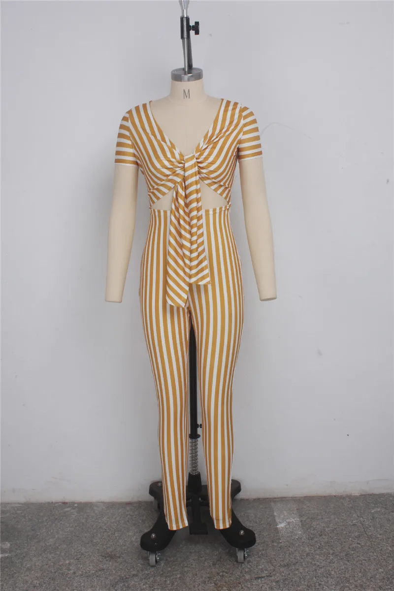 Сексуальный брючный костюм комбинезон в полоску для женщин v образный вырез
